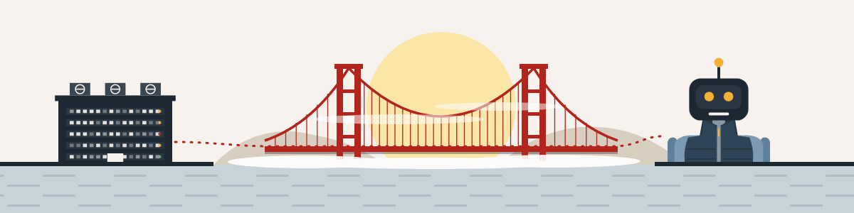 A data center, the Golden Gate Bridge and a robot in a fleece vest
